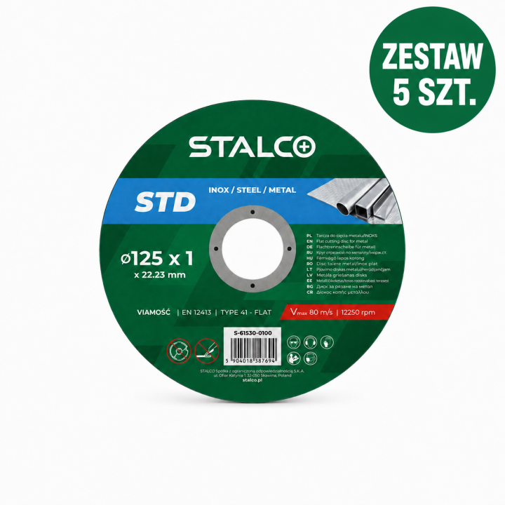 ZESTAW 5 x Tarcza do cięcia metalu INOX STALCO STD 125 x 1,0 mm płaska