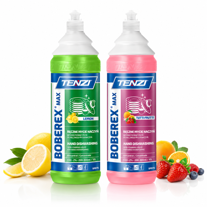Zestaw: PŁYN DO NACZYŃ BOBEREX MAX LEMON 1L WYSOKO PIENIĄCY ZAPACH CYTRYNOWY + SKUTECZNY KONCENTRAT MYJĄCY 1L TUTTI FRUTTI - EFE