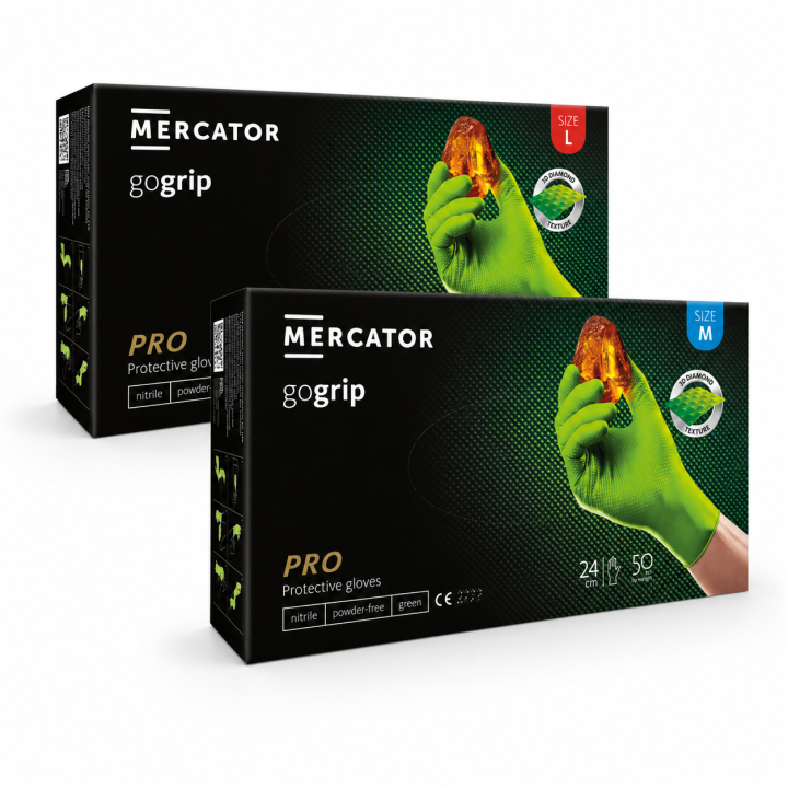 Zestaw: MERCATOR GOGRIP GREEN MOCNE GRUBE RĘKAWICZKI NITRYLOWE M ZIELONE 50 SZTUK + MERCATOR GOGRIP GREEN MOCNE GRUBE RĘKAWICZKI