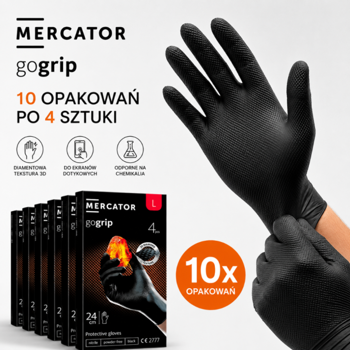 Zestaw 10 x MERCATOR - RP30039004 RĘKAWICE NITRYLOWE GOGRIP BLACK - ROZMIAR L OP. 4SZT
