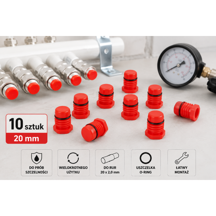 Zestaw 10 x CZERWONA Zaślepka Zatyczka Korek do prób szczelności do rur 20mm AlphaHeat