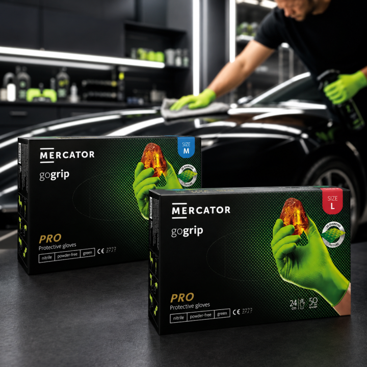 Zestaw: MERCATOR GOGRIP GREEN MOCNE GRUBE RĘKAWICZKI NITRYLOWE M ZIELONE 50 SZTUK + MERCATOR GOGRIP GREEN MOCNE GRUBE RĘKAWICZKI
