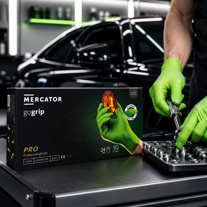 Zestaw: MERCATOR GOGRIP GREEN MOCNE GRUBE RĘKAWICZKI NITRYLOWE M ZIELONE 50 SZTUK + MERCATOR GOGRIP GREEN MOCNE GRUBE RĘKAWICZKI