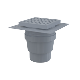 Kratka ściekowa 150×150/110 mm odpływ pionowy, kratka szara, dwa poziomy izolacji, syfon mokry