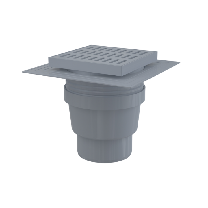 Kratka ściekowa 150×150/110 mm odpływ pionowy, kratka szara, dwa poziomy izolacji, syfon mokry