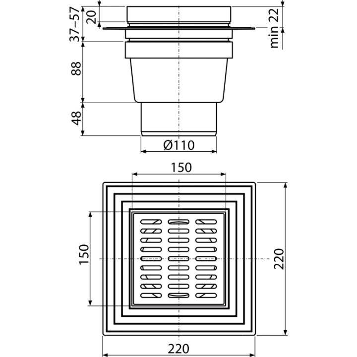 Kratka ściekowa 150×150/110 mm odpływ pionowy, kratka nierdzewna