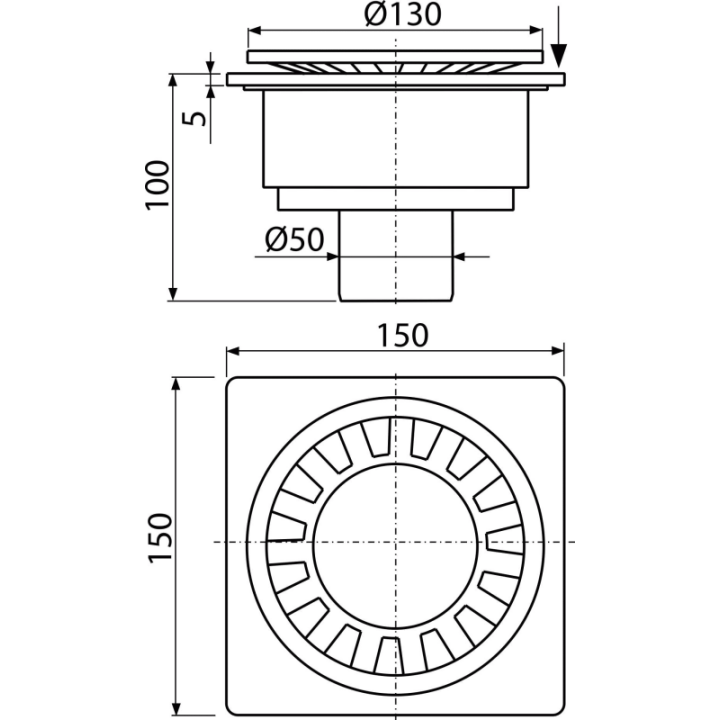 Kratka ściekowa 150×150/50 mm odpływ pionowy, kratka szara, syfon