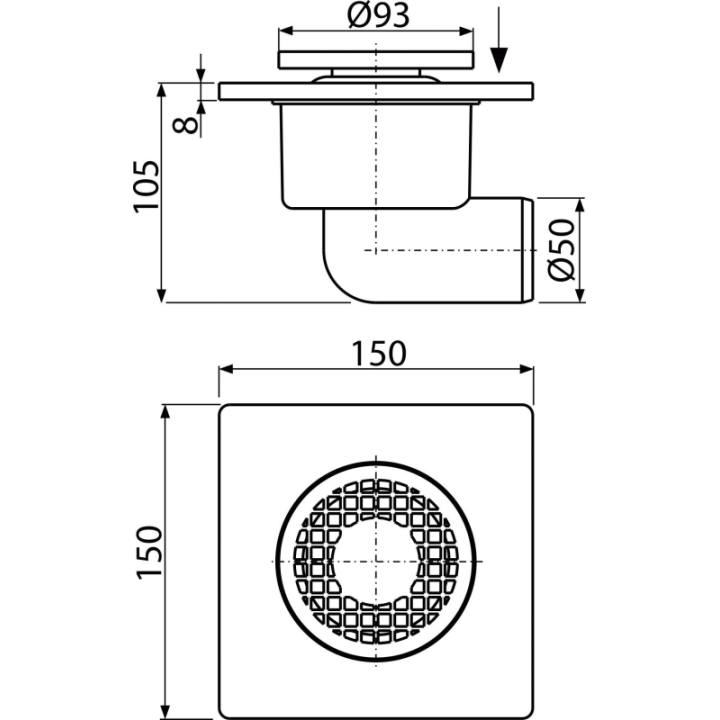 Kratka ściekowa 150×150/50 mm odpływ boczny, kratka szara, syfon