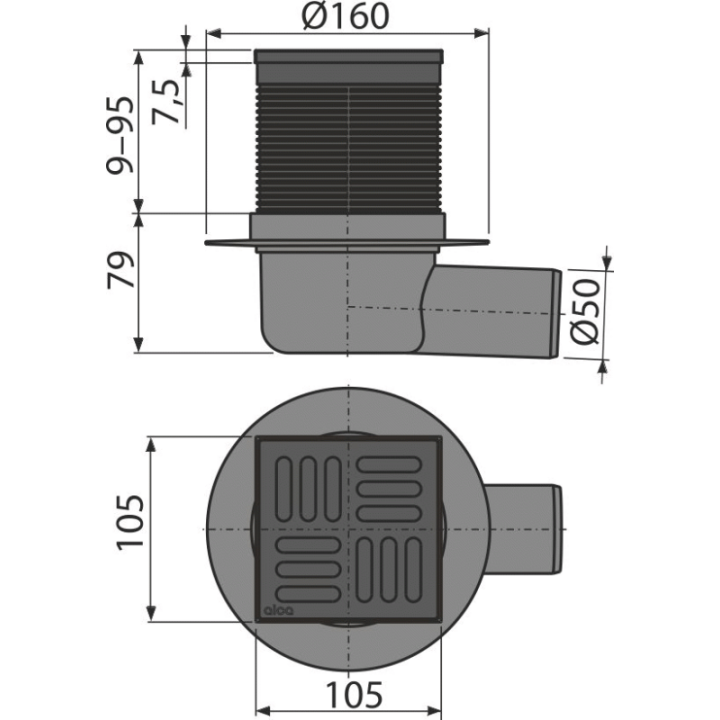 Kratka ściekowa 105×105/50 mm odpływ boczny, kratka nierdzewna