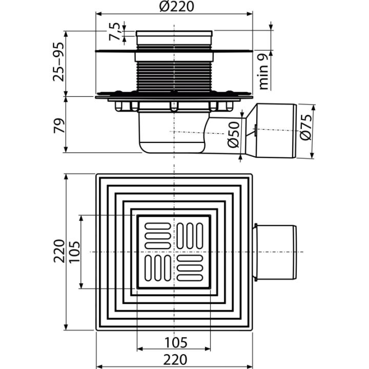 Kratka ściekowa 105×105/50/75 mm odpływ boczny, kratka