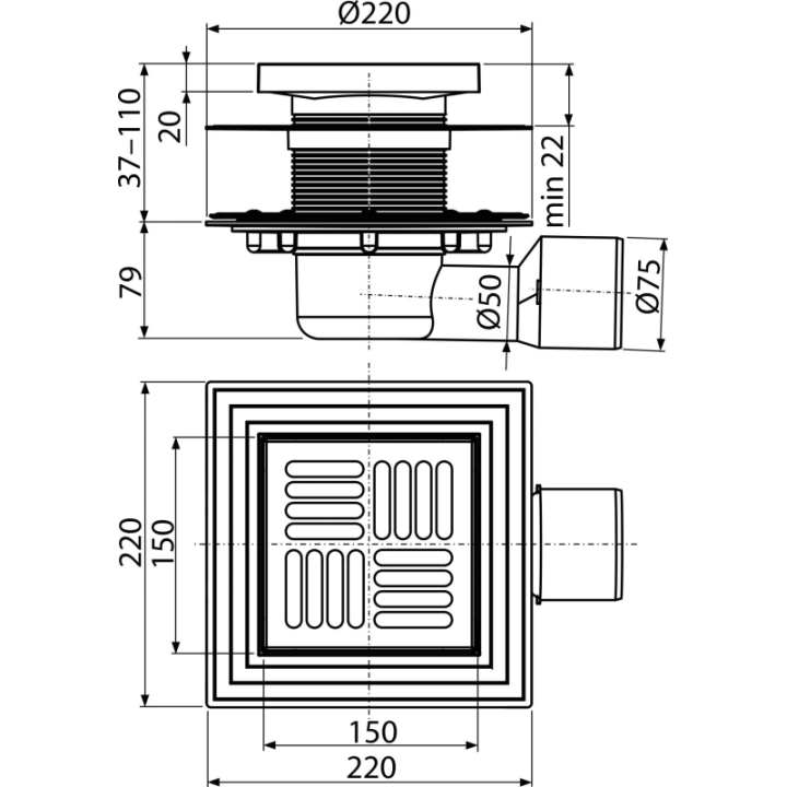 Kratka ściekowa 150×150/50/75 mm odpływ boczny, kratka