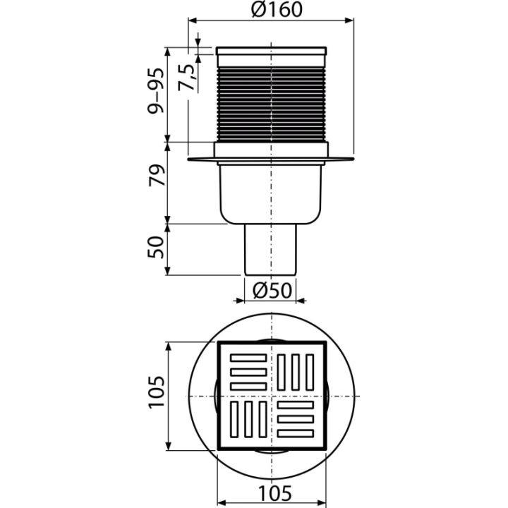 Kratka ściekowa 105×105/50 mm odpływ pionowy, kratka szara, syfon mokry