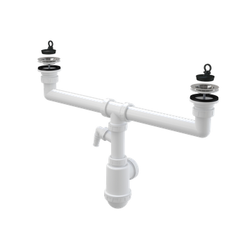 Syfon zlewu dwukomorowego z przyłączem, sitka nierdzewne DN70