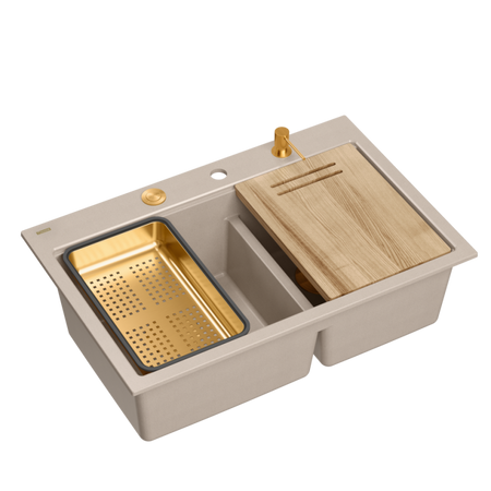Zlewozmywak granitowy MARC 120 WORKSTATION – dwukomorowy, wpuszczany, pearl beige/elementy miedziane + AKCESORIA, Quadron