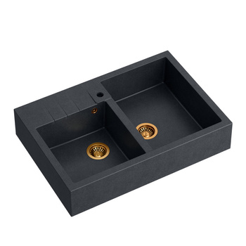 Zlewozmywak granitowy BILL 120 – dwukomorowy, nakładany, black diamond/elementy miedziane, Quadron