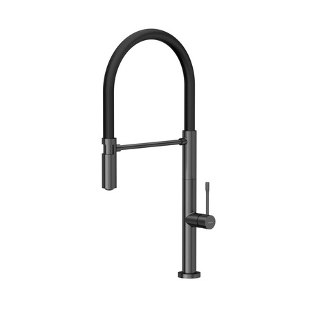 Bateria kuchenna MARGOT – stalowa, graphite metal PVD/czarny wąż, obrotowa, ruchoma wylewka, Quadron