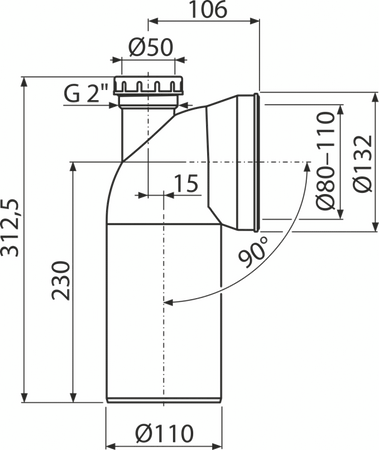 Przyłącze do stojącej miski WC, kolano 90° z przyłączem DN 50, DN 110, długość 230 mm, PP, białe