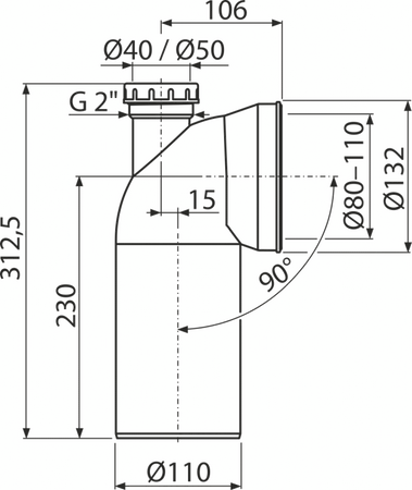 Przyłącze do stojącej miski WC, kolano 90° z przyłączem DN 40/50, DN 110, długość 230 mm, PP, białe