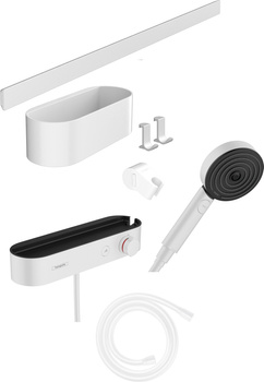 HG WallStoris Pakiet gł. prysznicowa 105 3jet Activation EcoSmart, bat. prysz. termostatyczna, natynkowa panel 70 cm i zestaw akcesoriów, Biały Matowy