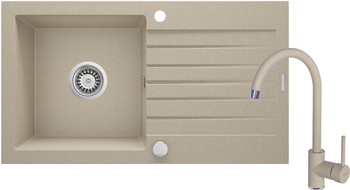 Zlewozmywak granitowy z baterią 1-komorowy z ociekaczem obrotowa piasek piasek Zorba ZQZV7113