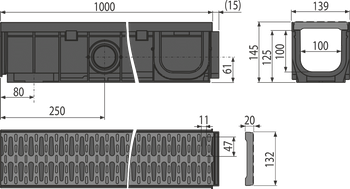 Odwodnienie zewnętrzne 100 mm z obramowaniem z tworzywa, ruszt z tworzywa, A15