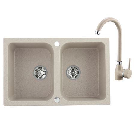 Celia - zlewozmywak 2-komorowy z baterią granitową z wylewką U