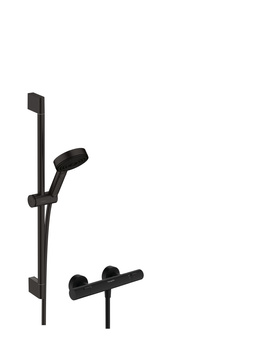 HG Pulsify Select S System prysznicowy 105 3jet Relaxation EcoSmart z drążkiem 65 cm i termostatyczną baterią Ecostat Fine, natynkowy, Czarny Matowy