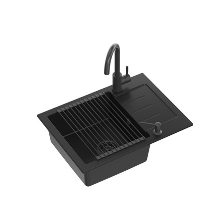 Zestaw JOHNNY 116 PURE CARBON zlewozmywak granitowy z baterią, dozownikiem i zwijaną matą – jednokomorowy, wpuszczany, pure carbon/elementy czarne, bateria pure carbon, dozownik pure carbon, Qmata pure carbon, Quadron