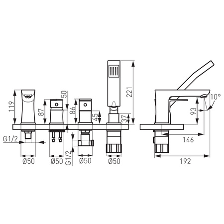 ALGEO SQUARE bateria wannowa 4-otworowa z zestawem natryskowym, chrom