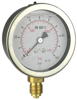 Manometr glicerynowy RF 100 Gly, D711, fi100 mm, -1÷1,5 bar, G1/2", ax, kl. 1,6
