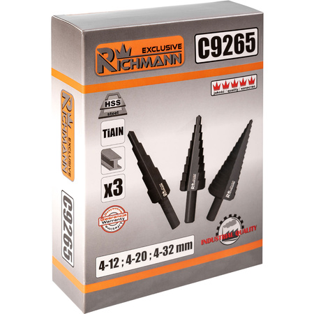 WIERTŁA STOPNIOWE DO METALU 4-32 MM 3 ELEM. ALU. PUDEŁKO