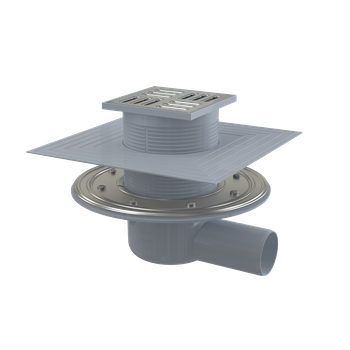 Kratka ściekowa 105×105/50 mm odpływ boczny, kratka nierdzewna, kołnierz nierdzewny, dwa poziomy izolacji, kombinowany syfon SMA