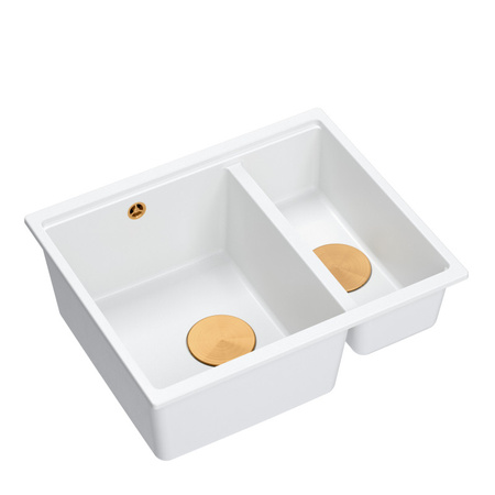 Zlewozmywak granitowy LOGAN 150 – półtorakomorowy, podwieszany, snow white/elementy miedziane, Quadron