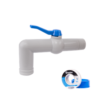 Zestaw - Kran 90° 1'' na wąż 32mm, dł. 18cm, z taśmą PTFE