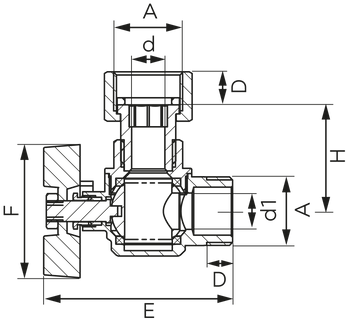 "Kurek kulowy kątowy z półśrubunkiem, nakrętno-wkrętny, z motylkiem, 3/4"""