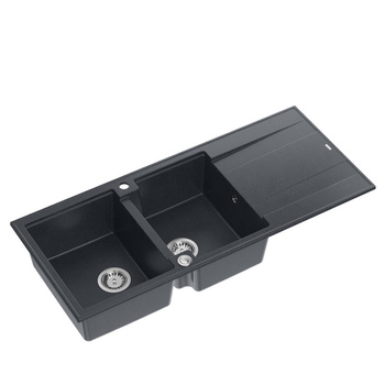 Zlewozmywak granitowy EVAN 121 – dwukomorowy, wpuszczany, black diamond/elementy stalowe, Quadron