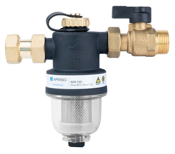 Kompaktowy magnetyczny separator zanieczyszczeń ADS 110, uniwersalne przyłącza G3/4", Kvs 5,2 m3/h, z zaworem odcinającym i złączką