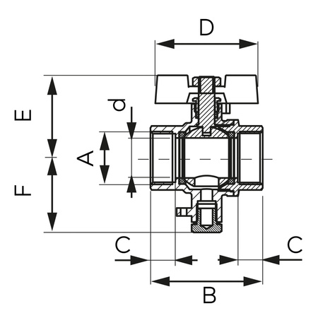 Zawór kulowy GW-GW z motylkiem, do montażu czujnika temperatury, 3-4", F-Power