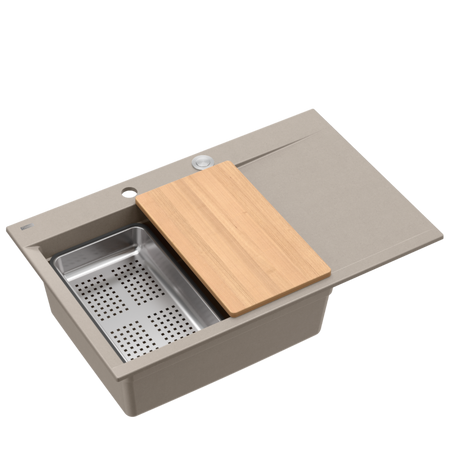 JOSH 111 GraniteQ zlewozmywak 1-komorowy z/o (780x500x215) soft taupe + syfon push 2 open + deska + wkładka/ elementy stalowe