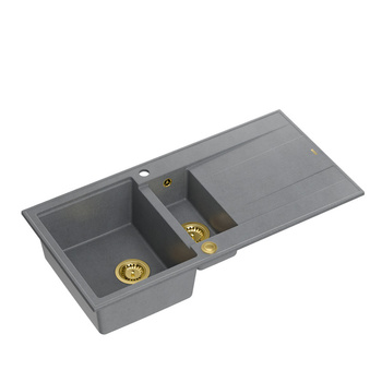 Zlewozmywak granitowy EVAN 156 – półtorakomorowy, wpuszczany, silver stone/elementy złote, Quadron