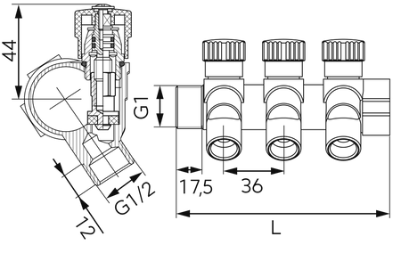 Rozdzielacz sanitarny 3-drogowy 1"x1-2"