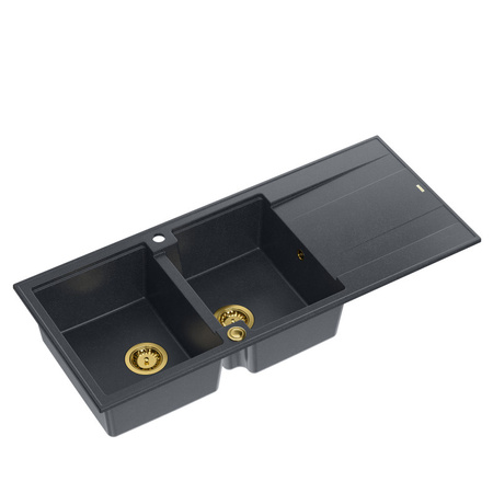 Zlewozmywak granitowy EVAN 121 – dwukomorowy, wpuszczany, black diamond/elementy złote, Quadron