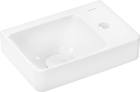 HG Xelu Q Mała umywalka wisząca z półką po prawej stronie 360/250 z otworem na baterię, bez przelewu, SmartClean, Biały