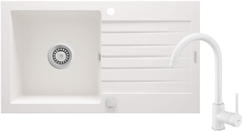 Zlewozmywak granitowy z baterią 1-komorowy z ociekaczem obrotowa alabaster alabaster Zorba ZQZVA113