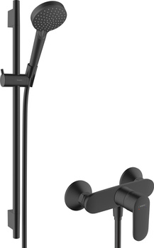 HG Vernis Blend System prysznicowy 100 Vario EcoSmart z drążkiem 65 cm S Puro i jednouchwytową baterią prysznicową, natynkowy, Czarny Matowy