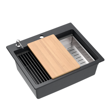 Zlewozmywak granitowy KURT 110 WORKSTATION – jednokomorowy, wpuszczany, black dotted/elementy stalowe + AKCESORIA, Quadron