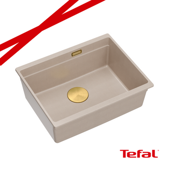 LOGAN 100 GraniteQ zlewozmywak pearl beige 56x45x21,5 cm 1-komorowy podwieszany z syfonem manualnym złoty + PATELNIA TEFAL INDUKCJA