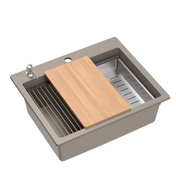 Zlewozmywak granitowy KURT 110 WORKSTATION – jednokomorowy, wpuszczany, soft taupe/elementy stalowe + AKCESORIA, Quadron