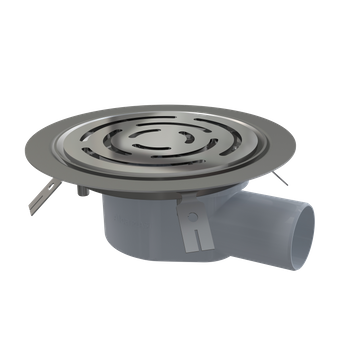 Kratka ściekowa 105×105/50 mm odpływ boczny, kratka nierdzewna, kołnierz nierdzewny, dwa poziomy izolacji, kombinowany syfon SMA