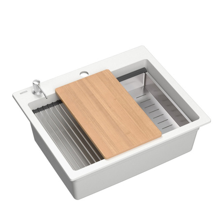 Zlewozmywak granitowy KURT 110 WORKSTATION – jednokomorowy, wpuszczany, snow white/elementy stalowe + AKCESORIA, Quadron